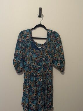 Maurices Floral Boho Dress Women’s XL Teal Puff Sleeve Tiered Mini Cottagecore